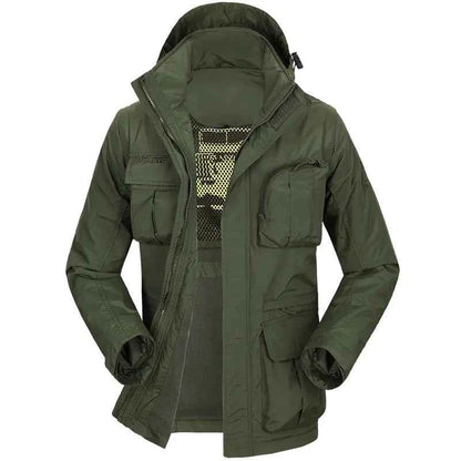Men's tactical jacket by Mead's Supply & Equipment Outfitters in army green with removable sleeves, ideal for fall and winter outdoor wear.