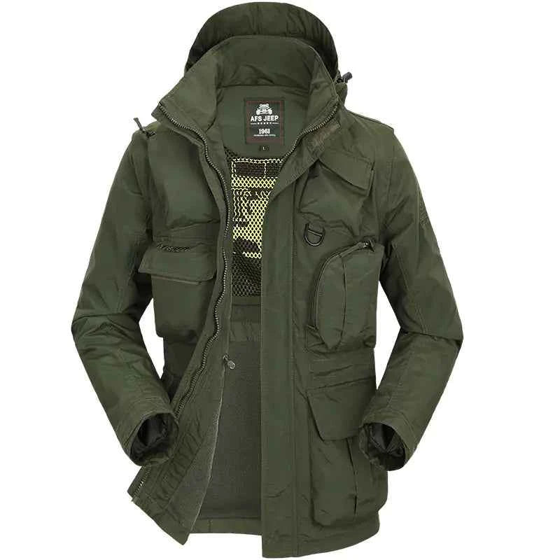 Men's tactical jacket with removable sleeves in army green by Mead's Supply & Equipment Outfitters, ideal for fall and winter wear.