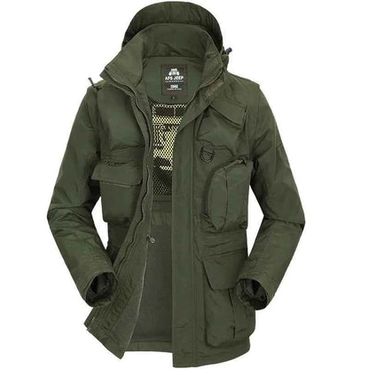 Men's tactical jacket by Mead's Supply & Equipment Outfitters in army green with removable sleeves for fall and winter wear.