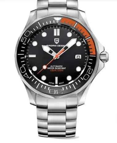 Mead's Supply & Equipment Outfitters men's waterproof Chrono Edge luminous watch with black leather and steel strap options.