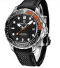 Mead's Supply & Equipment Outfitters men's Chrono Edge waterproof luminous watch with black strap, 100M water resistance, leather or steel options.