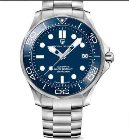 Mead's Supply & Equipment Outfitters Chrono Edge waterproof luminous men's watch with black leather and steel strap options, 100M water resistant.
