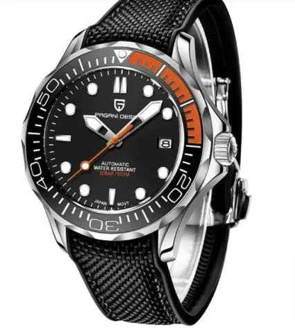 Mead's Supply & Equipment Outfitters men's waterproof Chrono Edge luminous watch with black strap, 100M water resistance, leather and steel options.