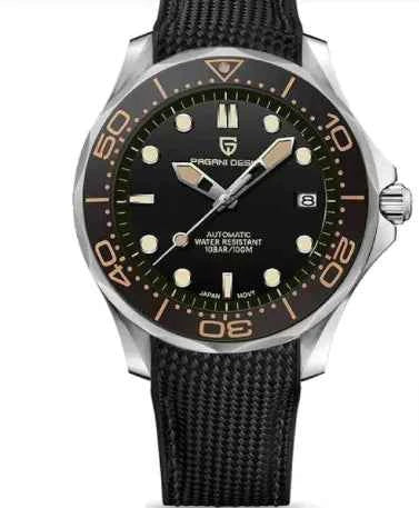 Mead's Supply & Equipment Outfitters men's Chrono Edge waterproof luminous watch with black strap, 100M water resistance, leather and steel options.