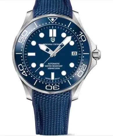 Mead's Supply Chrono Edge waterproof luminous men's watch with black strap, 100M water resistance, leather and steel strap options.