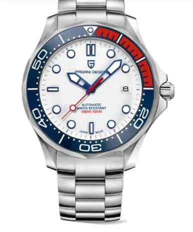 Mead's Supply & Equipment Outfitters men's waterproof Chrono Edge luminous watch with black leather and steel strap options.