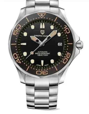 Mead's Supply Chrono Edge waterproof luminous men's watch with black strap, 100M water resistance, leather and steel strap options.