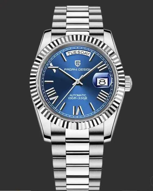 Men's mechanical glass watch with stainless steel case, blue dial, waterproof design, and date display from Mead's Supply & Equipment.