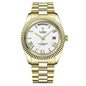 Men's mechanical glass watch with stainless steel band, waterproof design, and date display, featuring a classic timepiece style.