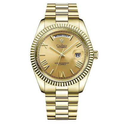 Men's mechanical glass watch by Mead's Supply & Equipment with waterproof stainless steel band and date display.