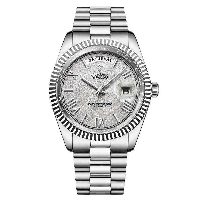 Men's mechanical glass watch with stainless steel strap, blue shell dial, waterproof design, and date display, by Mead's Supply & Equipment.