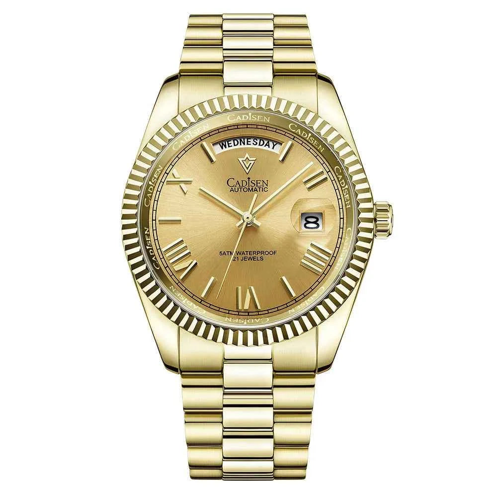 Men's mechanical glass watch with stainless steel case, blue strap, waterproof design, and date display by Mead's Supply & Equipment.