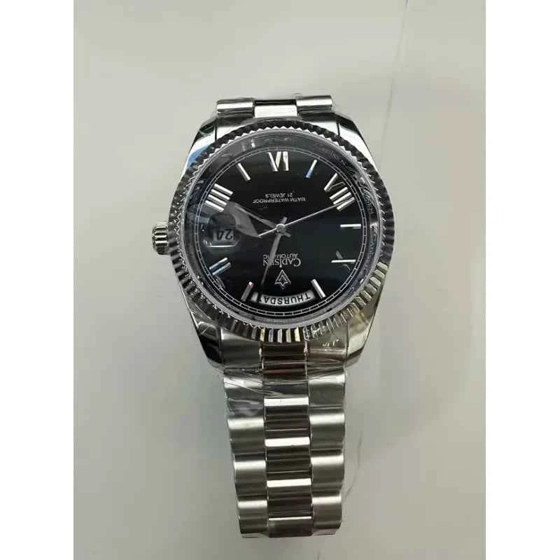 Men's Mechanical Glass Watch by Mead's Supply & Equipment Outfitters, waterproof stainless steel band with date display.