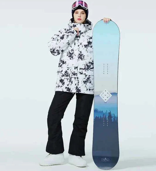 Pink men's and women's waterproof windproof ski suit by Mead's Supply & Equipment, featuring a two-piece winter snow set with jacket and pants.