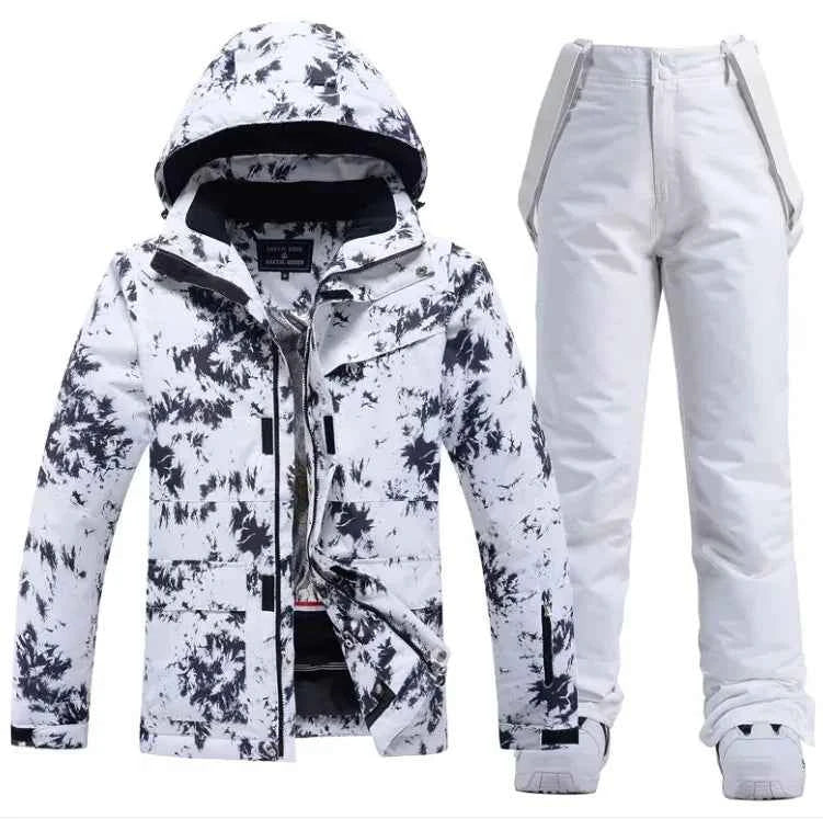 Pink men's and women's waterproof windproof ski suit by Mead's Supply & Equipment, featuring a jacket and snow pants in a 2-piece set.