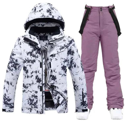 Pink men's and women's waterproof ski suit by Mead's Supply & Equipment, featuring a 2-piece windproof winter snow set.