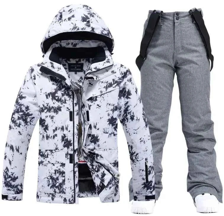 Pink men's and women's waterproof ski suit by Mead's Supply & Equipment, windproof winter snow jacket and pants, unisex 2-piece set.