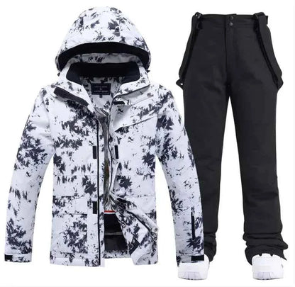 Pink men's and women's waterproof ski suit by Mead's Supply & Equipment Outfitters, includes jacket and snow pants for winter activities.