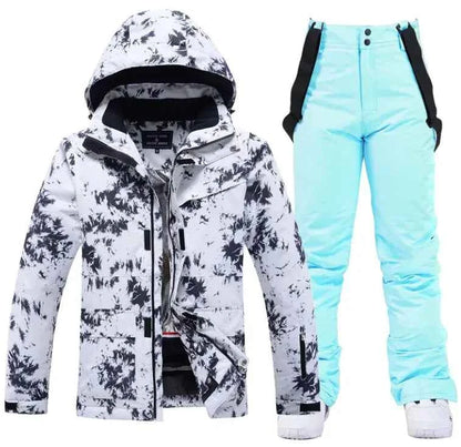 Pink waterproof windproof ski suit for men and women, unisex 2-piece winter snow jacket and pants by Mead's Supply & Equipment.