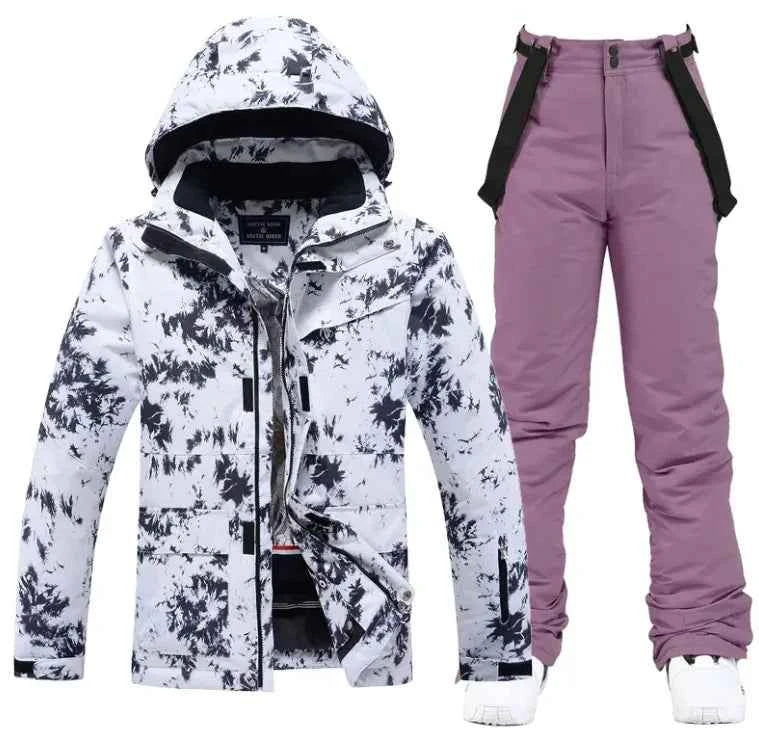 Pink men's and women's waterproof ski suit by Mead's Supply & Equipment Outfitters, featuring a jacket and snow pants for winter skiing.