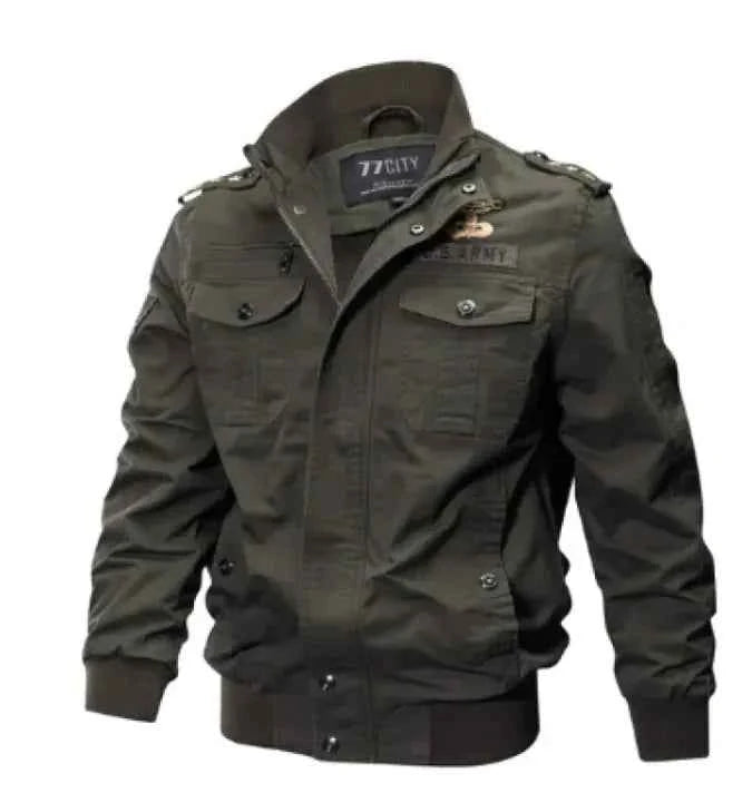 Men's tactical flight army jacket by Mead's Supply & Equipment, military bomber style with cotton construction, available in plus sizes.