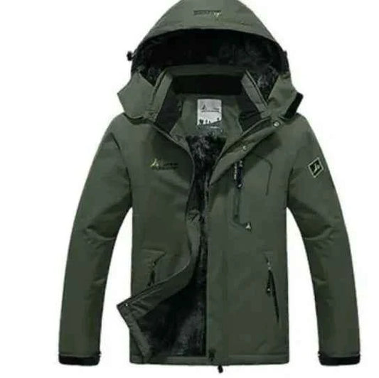 Men's army green waterproof thermal hiking jacket from Mead's Supply & Equipment Outfitters, windproof winter outdoor coat, outdoor clothing