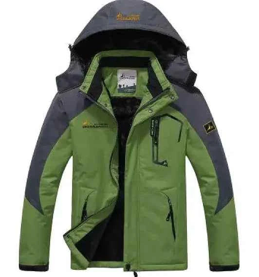 Men's army green waterproof thermal hiking jacket by Mead's Supply & Equipment Outfitters, windproof winter outdoor coat.