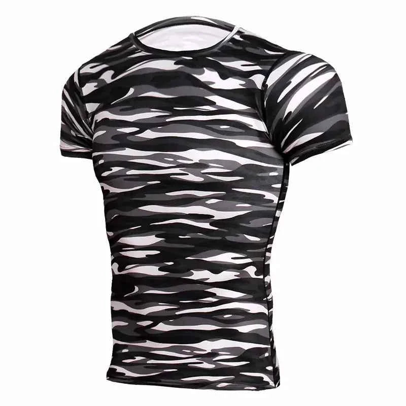 Men's black quick-dry camouflage short sleeve T-shirt by Mead's Supply & Equipment Outfitters, designed for athletic outdoor wear.