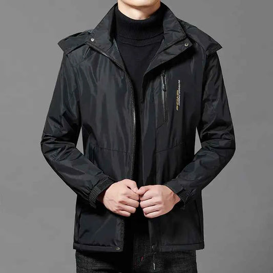 Black men's coat by Mead's Supply & Equipment Outfitters, thickened, windproof, and warm, in 2XL size, suitable for cold weather.