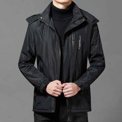 Black men's coat by Mead's Supply & Equipment Outfitters, thickened, windproof, and warm for cold weather, size 2XL.