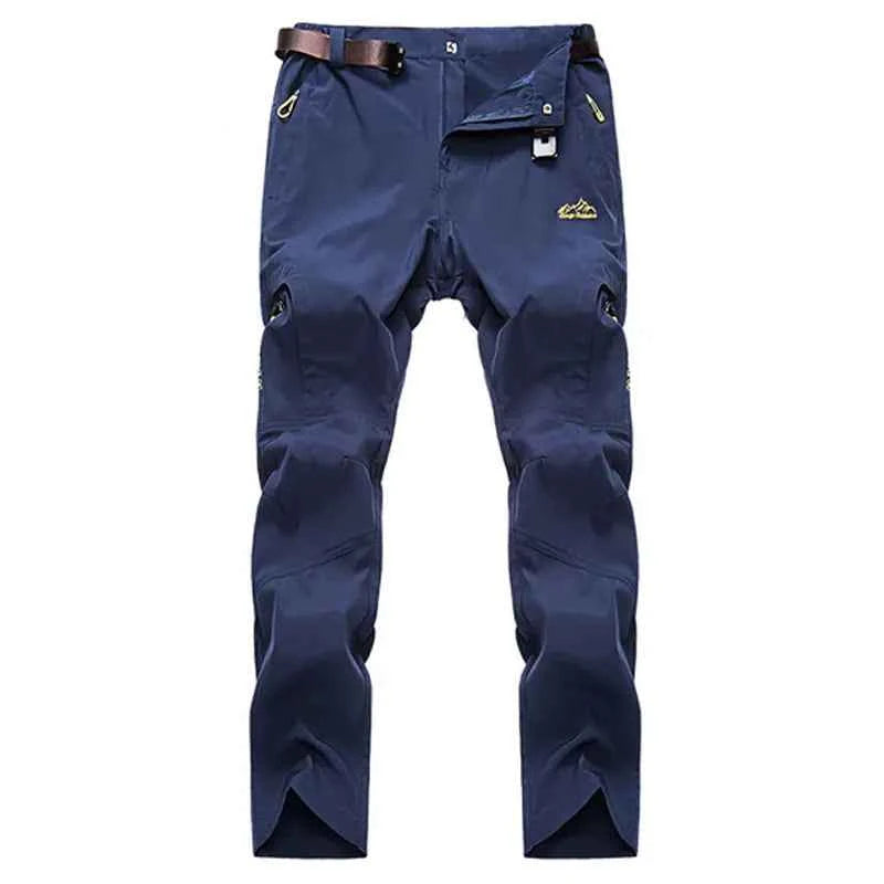 Men's black and grey quick-drying outdoor hiking pants from Mead's Supply & Equipment, waterproof, anti-UV, and breathable trekking apparel.