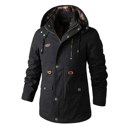 Men's black plus size hooded windbreaker jacket by Mead's Supply & Equipment Outfitters, lightweight outdoor wind jacket with hood.