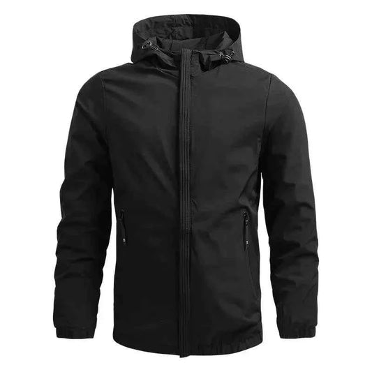 Men's outdoor waterproof jacket by Mead's Supply & Equipment Outfitters, black windproof rain jacket for all-weather hiking.