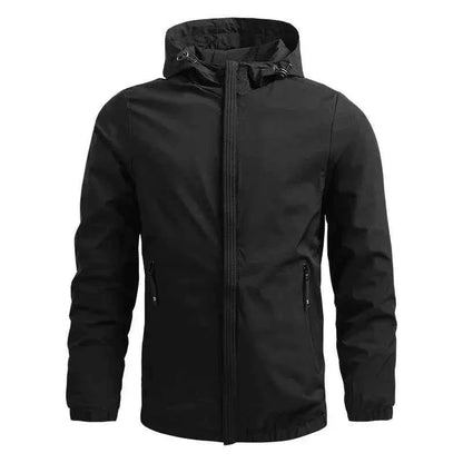 Men's outdoor waterproof and windproof hiking jacket by Mead's Supply & Equipment Outfitters, black all-weather rain jacket.