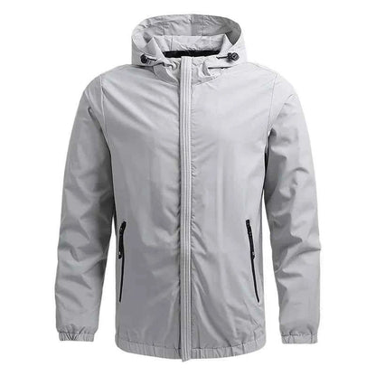 Men's outdoor waterproof jacket by Mead's Supply & Equipment Outfitters, windproof rain jacket in black for all-weather hiking.
