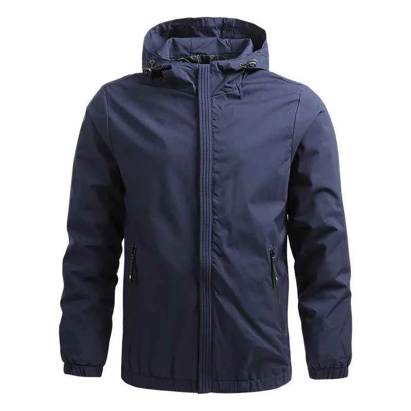 Men’s outdoor waterproof jacket by Mead's Supply & Equipment Outfitters, black windproof rain jacket for hiking and all-weather protection.