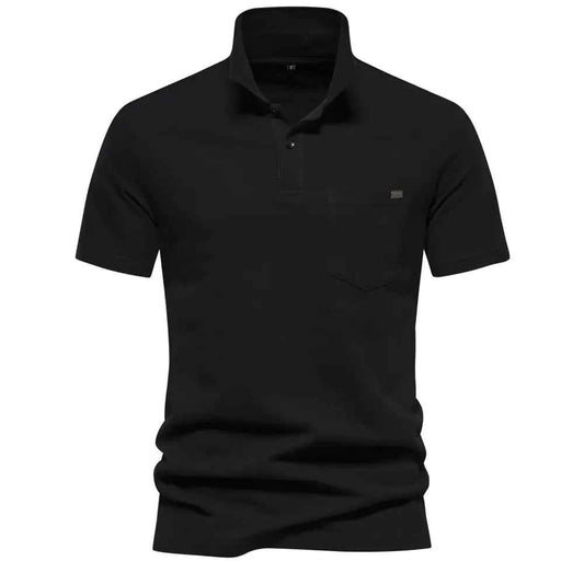 Men's black 100% cotton polo shirt with short sleeves and pocket, casual summer wear from Mead's Supply & Equipment Outfitters.