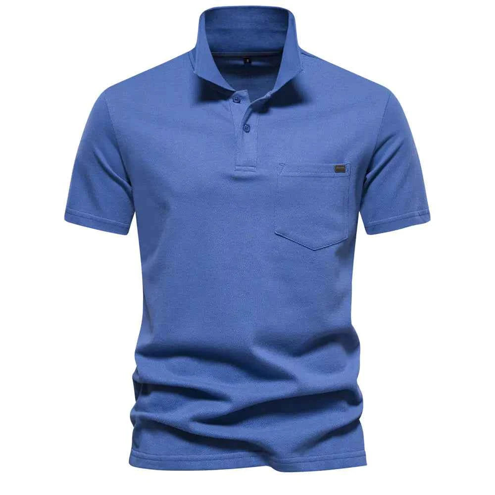 Men's black 100% cotton polo shirt with short sleeves and chest pocket, casual summer wear from Mead's Supply & Equipment Outfitters.