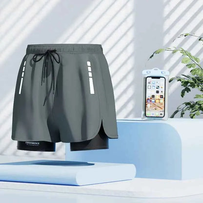 Men's black quick-dry swim trunks from Mead's Supply & Equipment Outfitters, featuring a bold stroke design, perfect for beach and pool.