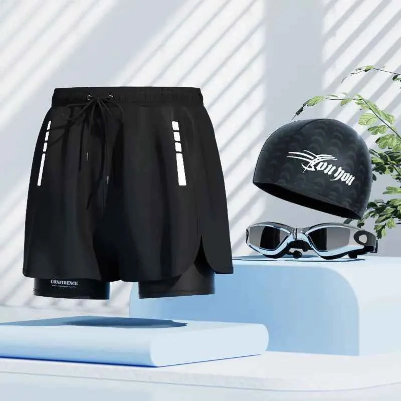 Black men's quick-dry swim trunks from Mead's Supply & Equipment Outfitters with a bold stroke pattern, 2XL size, for swimming and beach activities.