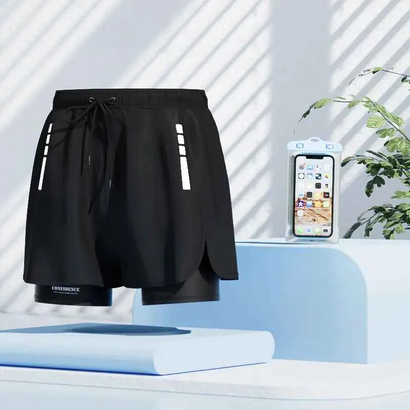 Men's black quick-dry swim trunks from Mead's Supply & Equipment Outfitters, featuring a stylish stroke design and comfortable fit.
