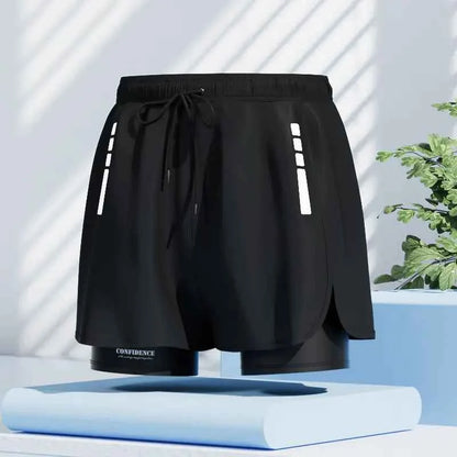 Men's black quick-dry swim trunks by Mead's Supply & Equipment Outfitters, featuring a stylish stroke design for swimming and beach use.