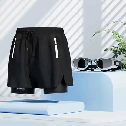 Men's quick-dry swim trunks by Mead's Supply & Equipment Outfitters, black beach shorts with a stylish stroke pattern.