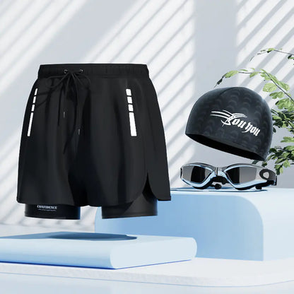 Men's quick-dry swim trunks in black, featuring a stylish stroke pattern, designed for swimming, beach, and spa activities.