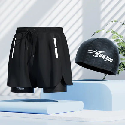 Men's black quick-dry swim trunks by Mead's Supply & Equipment Outfitters, featuring a stylish design, suitable for swimming and beach days.