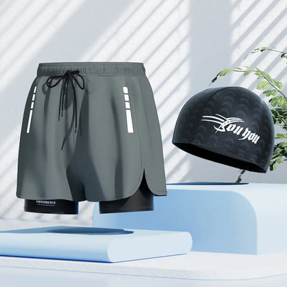 Black men's quick-dry swim trunks from Mead's Supply & Equipment Outfitters, designed for swimming and beach relaxation.