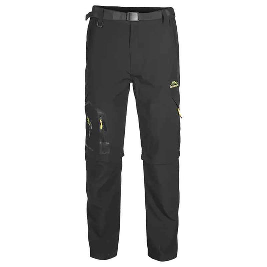 Black men's hiking pants by Mead's Supply & Equipment, quick-drying, detachable zip-off convertible shorts, suitable for outdoor activities.