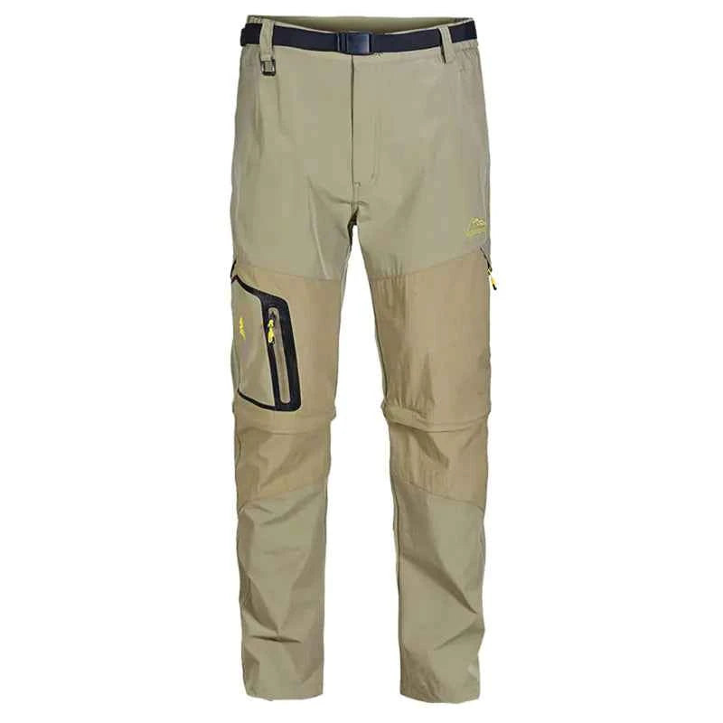 Black men's hiking pants by Mead's Supply & Equipment with zip-off convertible shorts, quick-drying and detachable for outdoor activities.