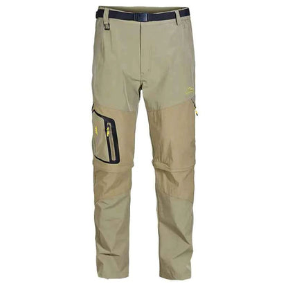 Black men's hiking pants by Mead's Supply & Equipment, quick-drying, detachable, convertible zip-off shorts, suitable for outdoor adventures.