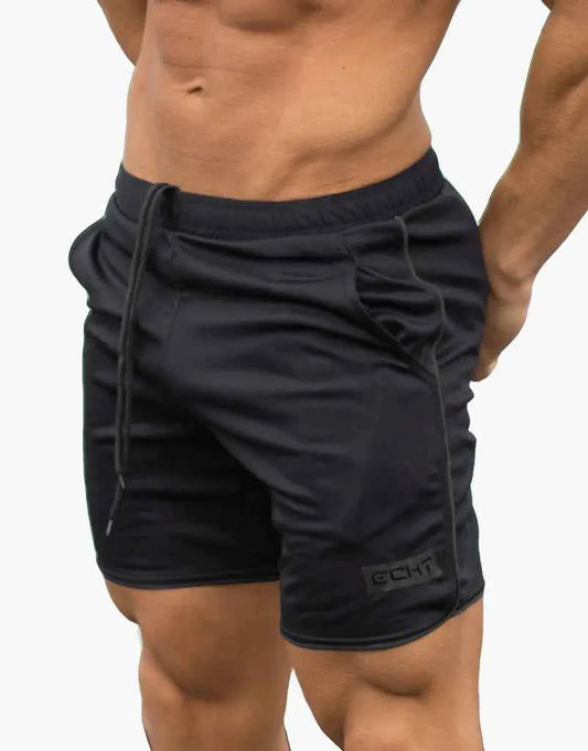 Black men's athletic running shorts by Mead's Supply & Equipment Outfitters, moisture-wicking and breathable for outdoor sports.